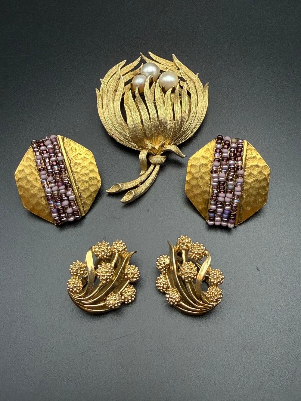 Lot Lisner Faux Pearl Brooch Crown Trifari Mimosa Earrings, Cat Stimmel Earrings
